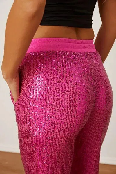 Sparkle Up Your Look with Hot Pink Sequin Drawstring Pants - Shop the Latest Trend Today