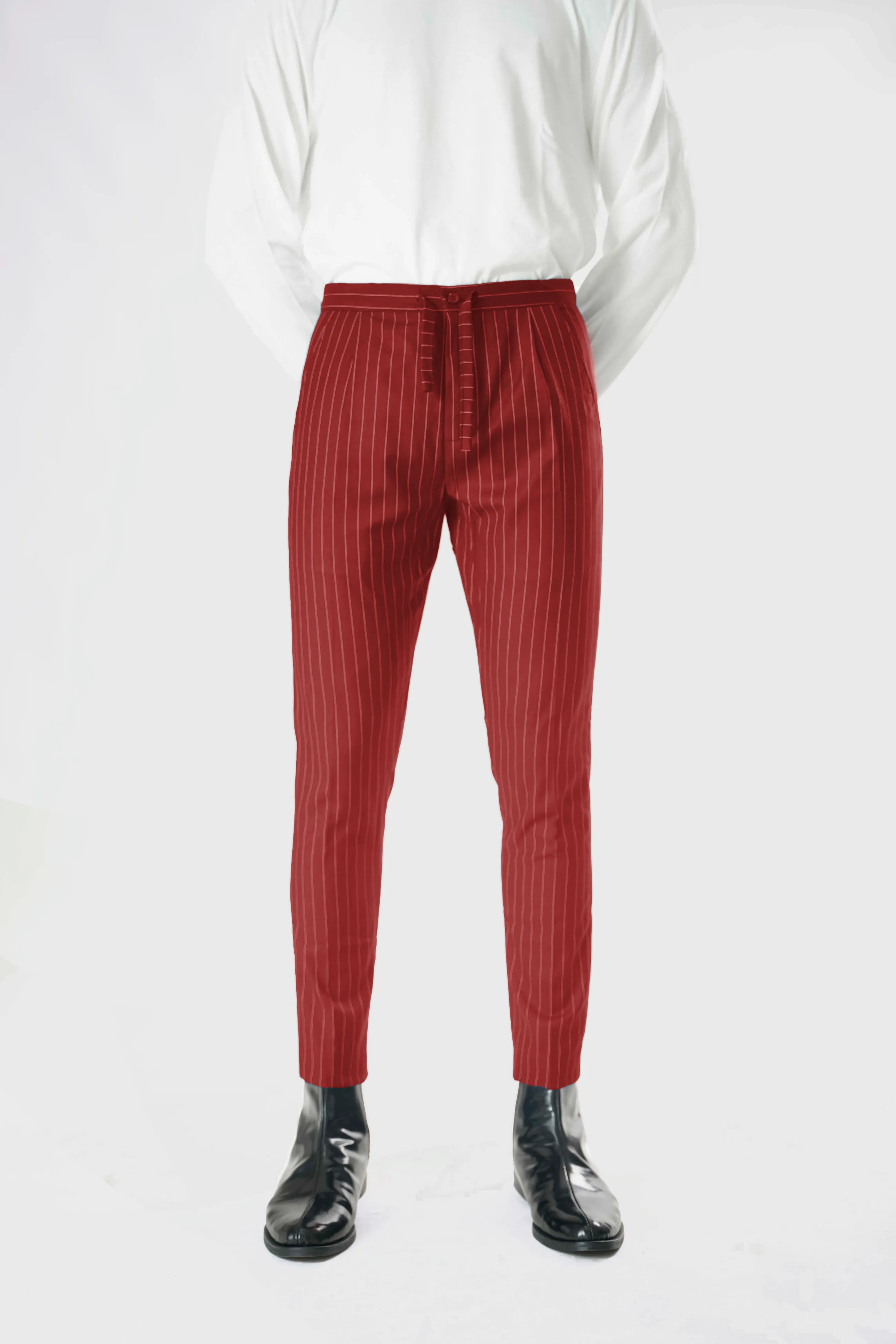 Standard Length Three Quarter Sleeve Wool Pants in Red Pinstripe