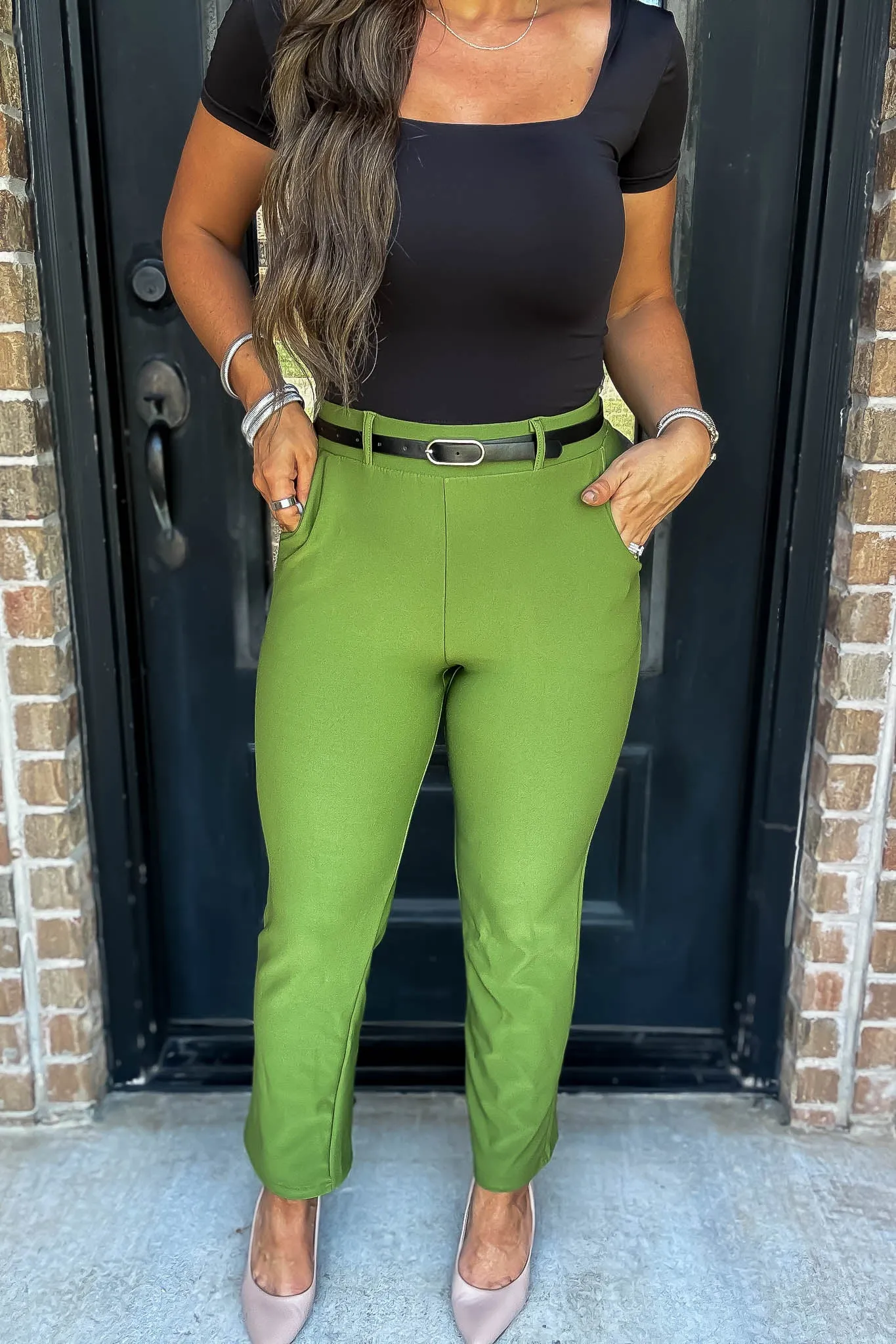 Stretchy Vintage Green Belted Side Pocket Straight Pants