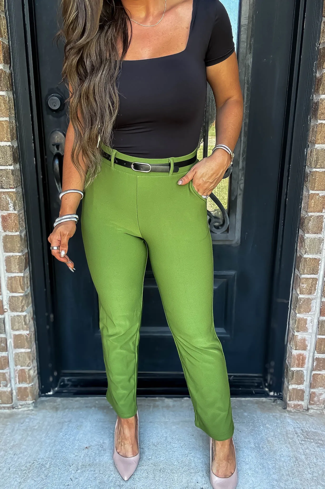 Stretchy Vintage Green Belted Side Pocket Straight Pants