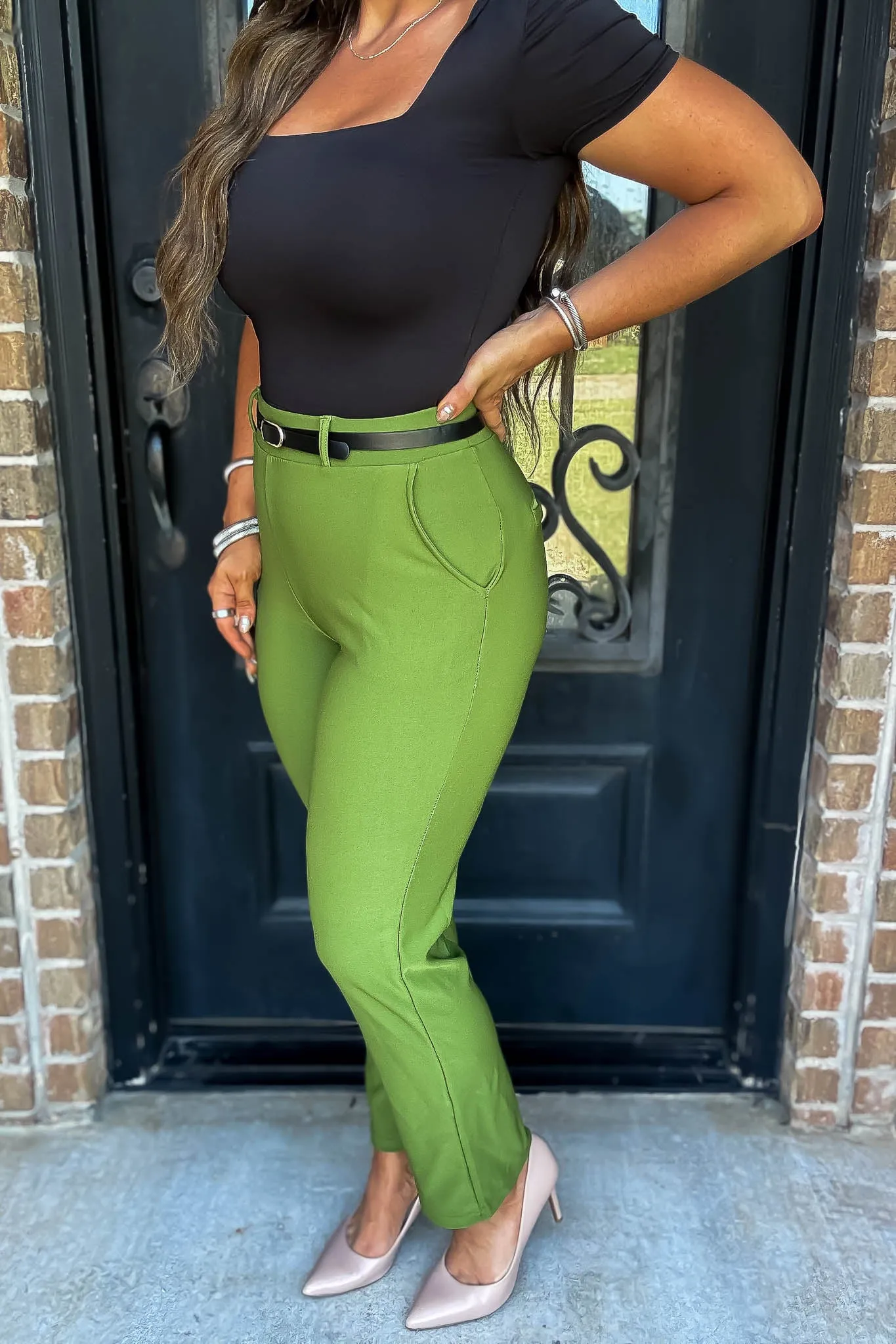 Stretchy Vintage Green Belted Side Pocket Straight Pants