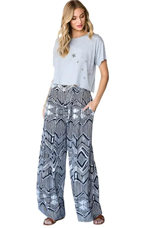 TEEK - PLUS SIZE BLACK WHITE VINTAGE PRINT POCKETED WIDE PANTS