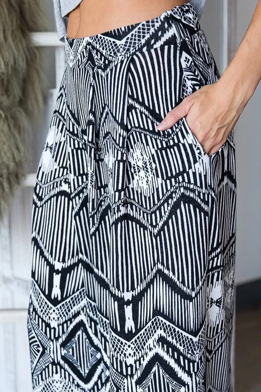 TEEK - PLUS SIZE BLACK WHITE VINTAGE PRINT POCKETED WIDE PANTS