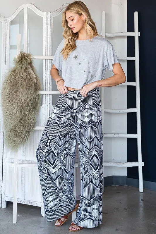 TEEK - PLUS SIZE BLACK WHITE VINTAGE PRINT POCKETED WIDE PANTS