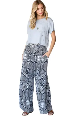 TEEK - PLUS SIZE BLACK WHITE VINTAGE PRINT POCKETED WIDE PANTS