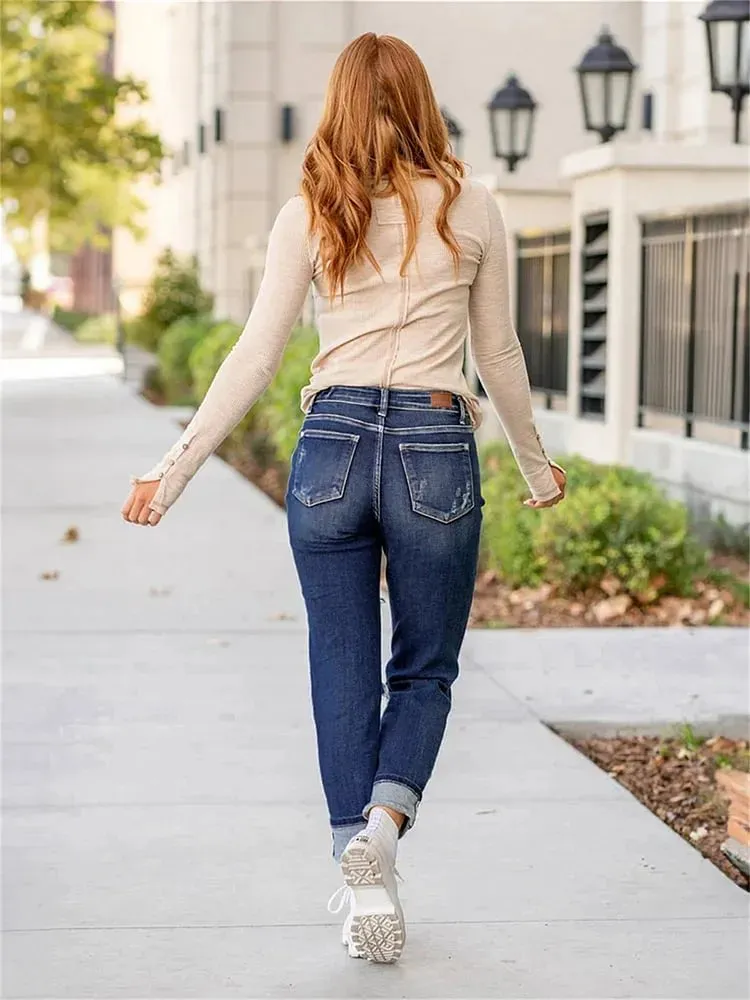 Tummy Slimming Cuffed Jeans With Textured Finish