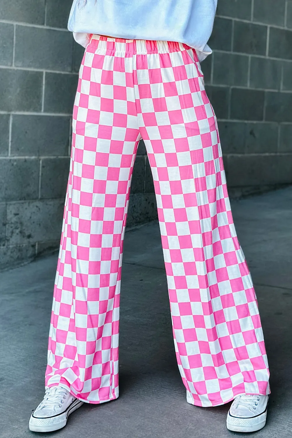 Women 2-Tone Checked Print High Waist Wide Leg Pants