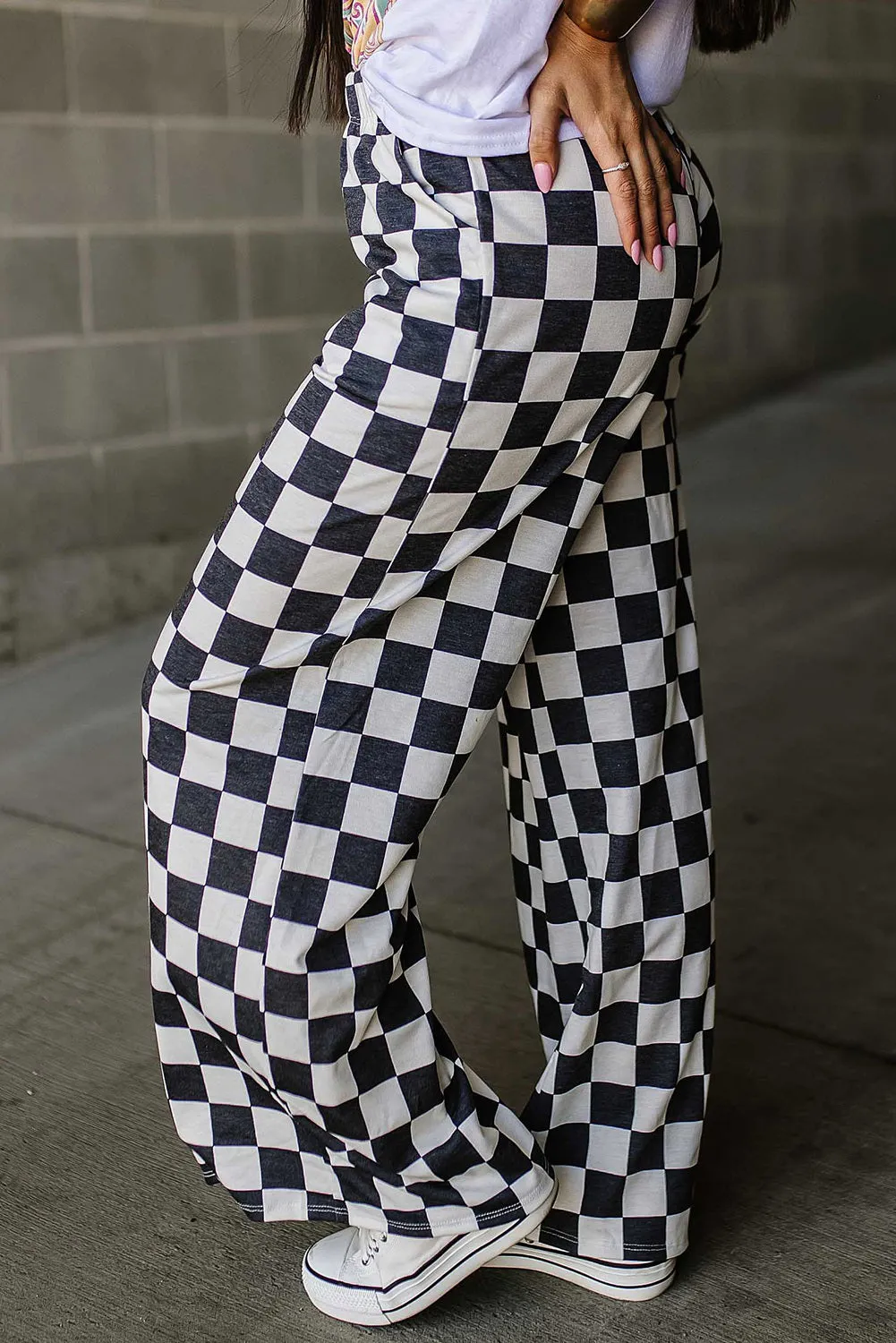 Women 2-Tone Checked Print High Waist Wide Leg Pants